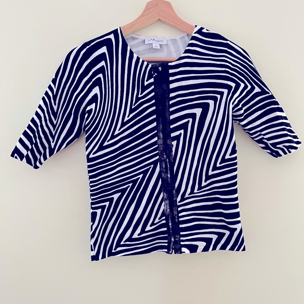 Carmen Marc Valvo Black and White Geometric Button Down Shirt